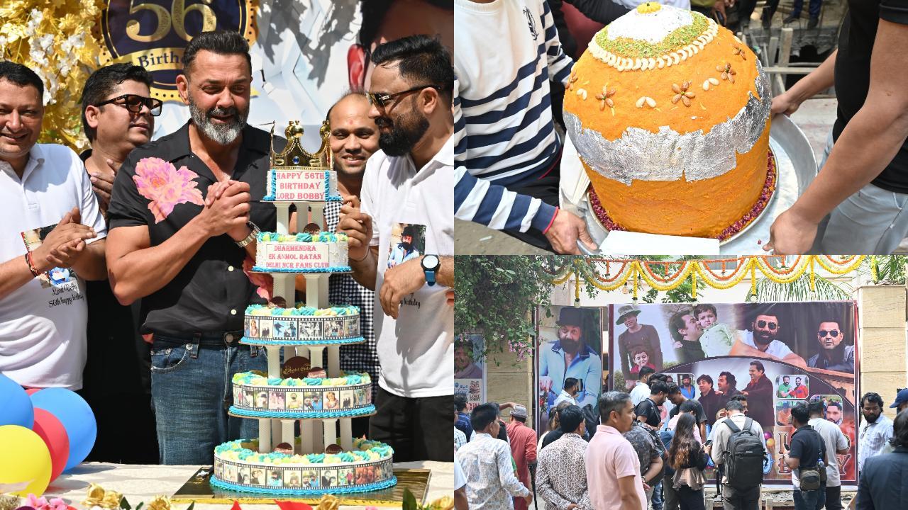 Bobby Deol celebrates his 56th birthday by cutting a 5-tier cake with fans, receives giant motichoor laddoo - watch video