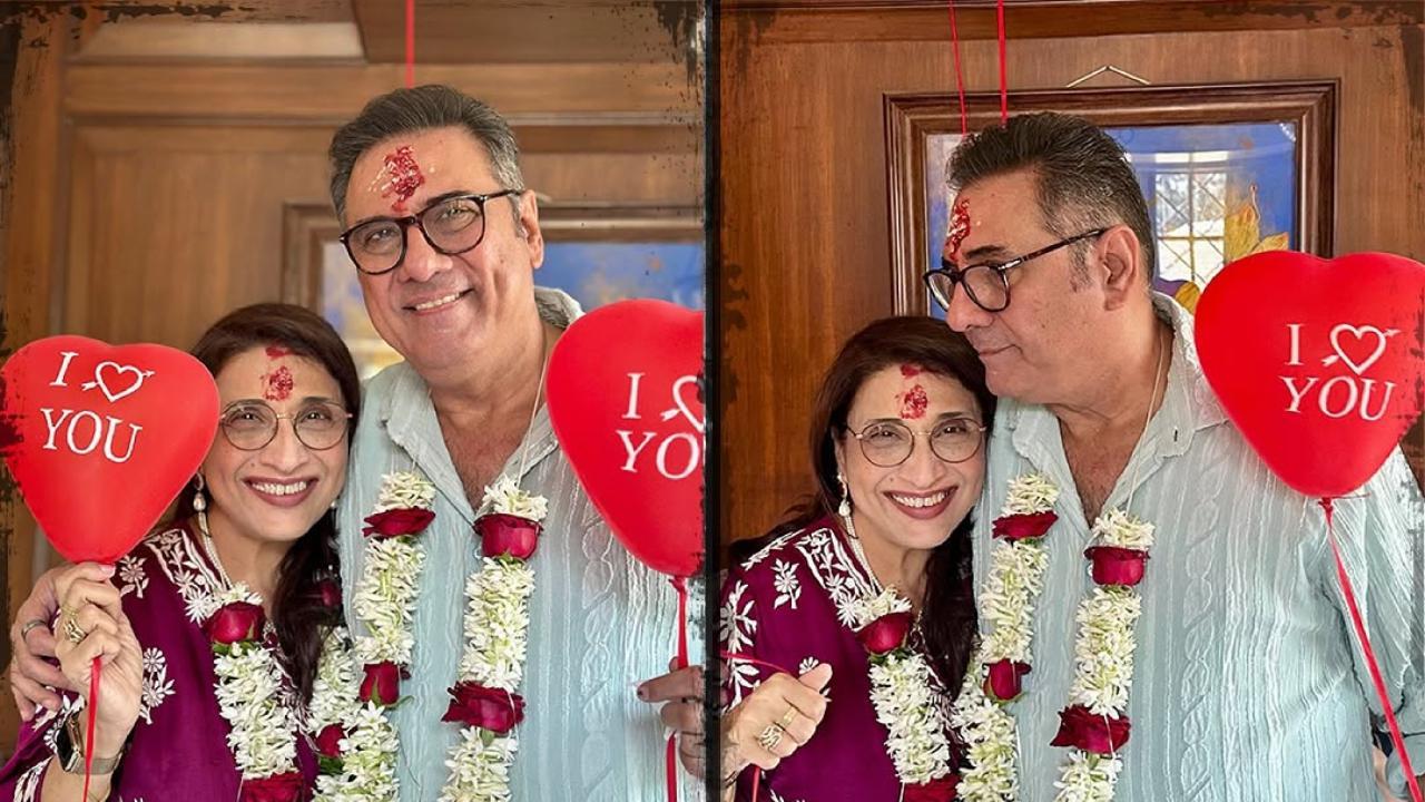 Boman Irani and wife Zenobia pose with 'I love you' balloons as they celebrate 40th marriage anniversary