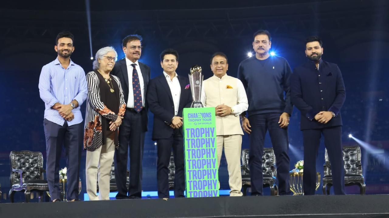 As the Champions Trophy 2025 is inching closer, the concluding event of Wankhede Stadium also witnessed the trophy of the upcoming marquee event. The pictures have the likes of Ajinkya Rahane, Diana Edulji, Dilip Vengsarkar, Sachin Tendulkar, Sunil Gavaskar, Ravi Shastri and Rohit Sharma
