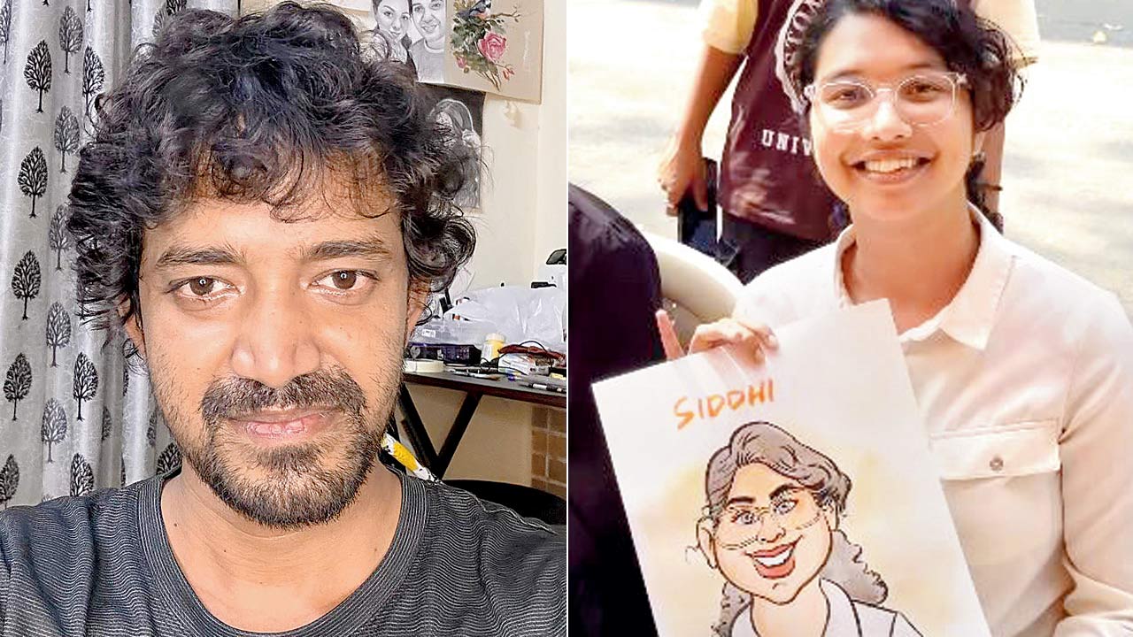 Raju Sah; (right) A student with her caricature