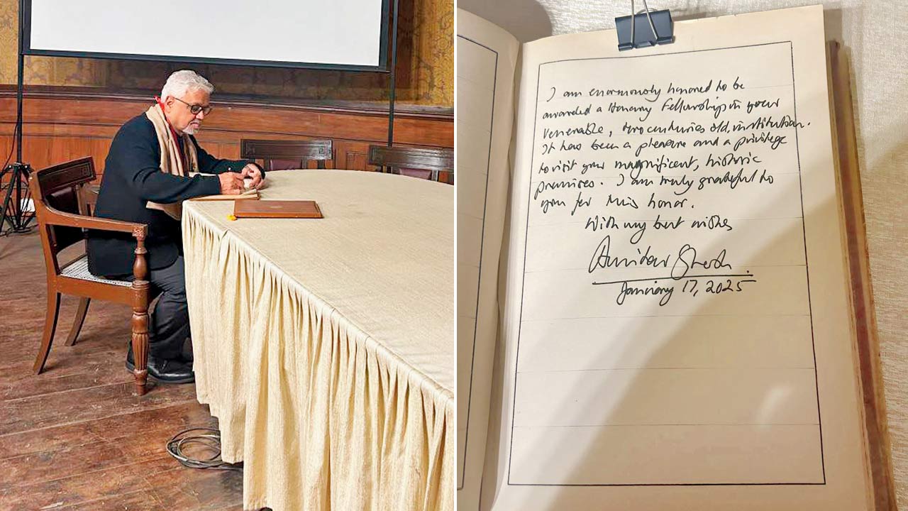 Amitav Ghosh leaves a (right) note in the visitor’s log at the Society