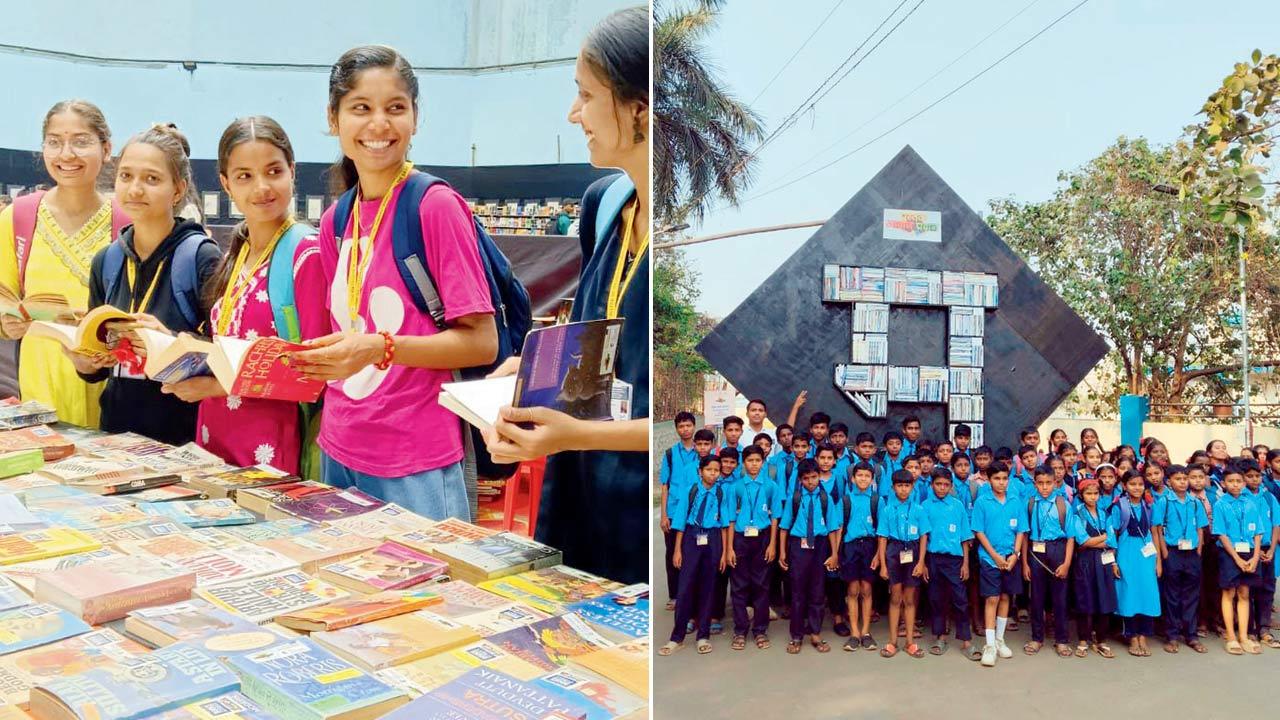 Readers at the book exchange; (right) an installation of books in the shape of the Devanagari letter ‘M’