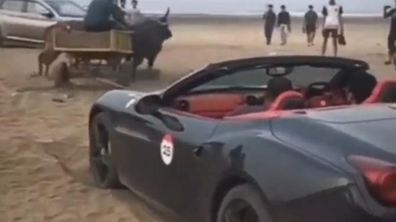 Maharashtra: Ferrari gets stuck in sand at Alibaug beach, rescued by bullock cart