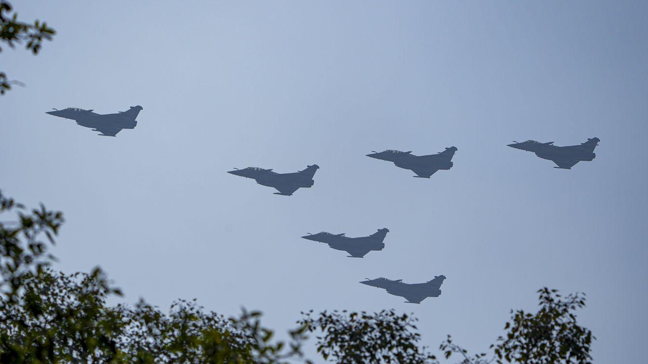 India Air Force's six Rafale aircrafts fly past in a formation during the full dress rehearsal. Dassault Rafale is a French twin-engine, canard delta wing, multirole fighter aircraft 