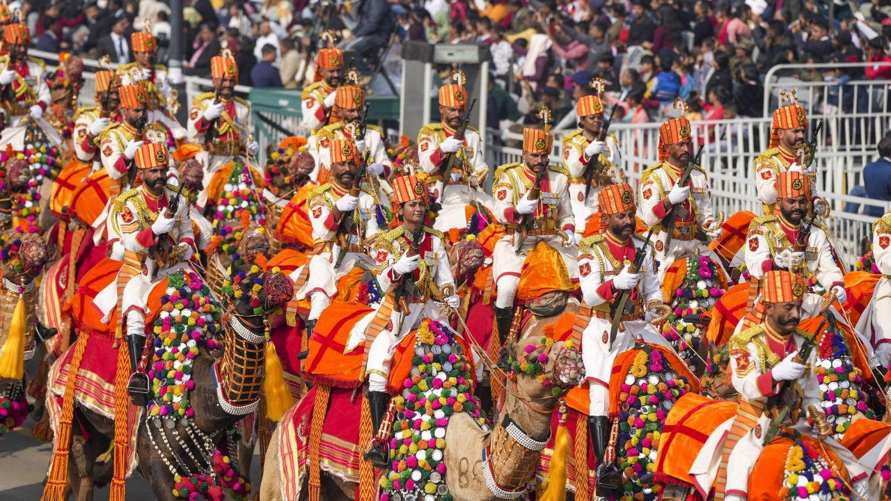 Marching camel contingent of Sashastra Seema Bal (SSB) during the full dress rehearsal for the Republic Day Parade 2025. It is a central armed police force in India under the Ministry of Home Affairs. It is responsible for guarding India’s borders with Nepal and Bhutan