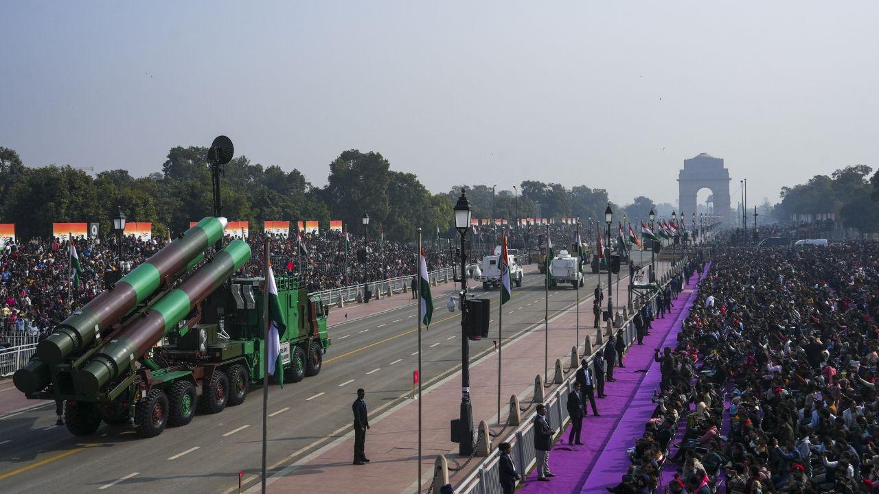 BrahMos (Mobile Autonomous Launcher) on display during the full dress rehearsal. It is one of the world’s fastest supersonic cruise missiles, jointly developed by India and Russia. The BrahMos project began in 1998, and the missile can be launched from submarines, ships, aircraft, or land platforms