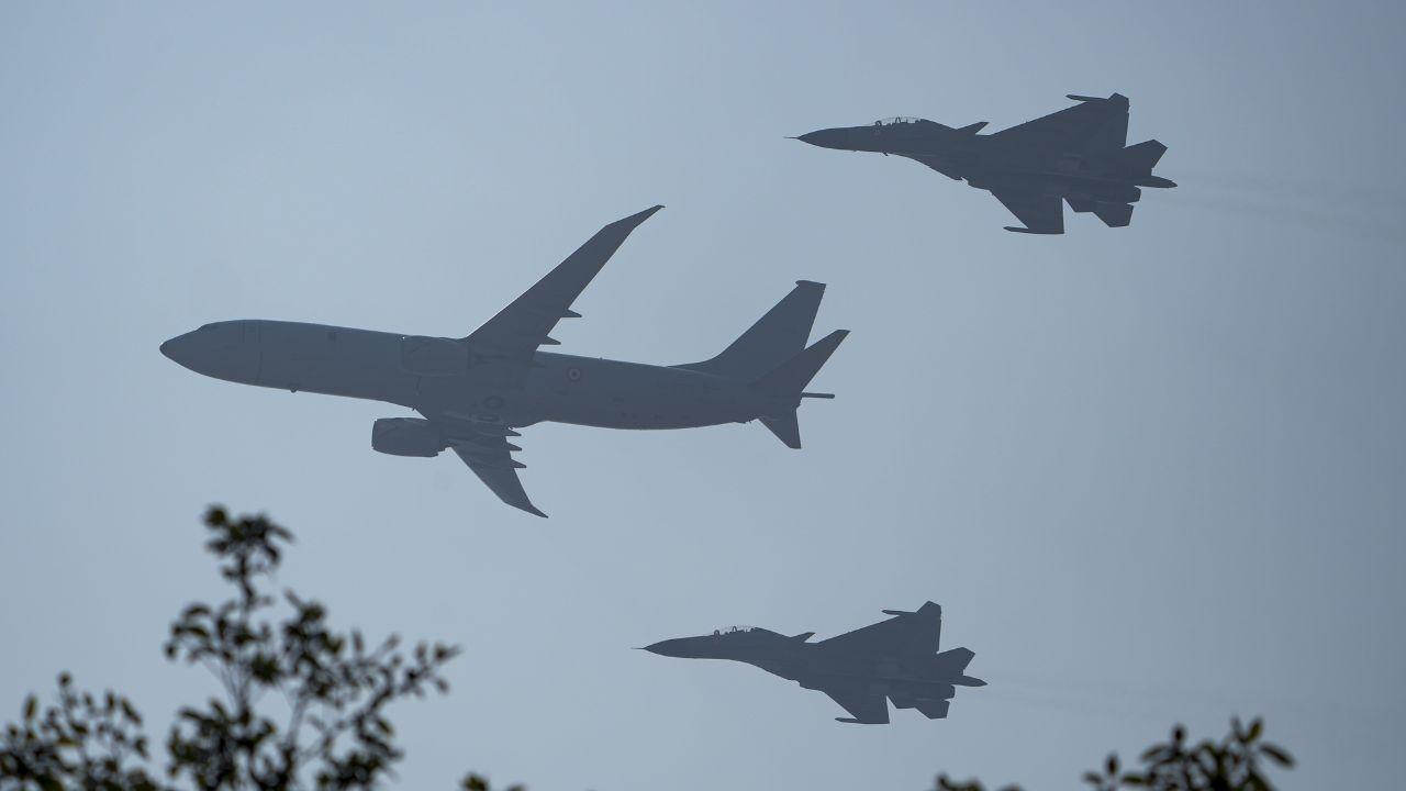 Indian Air Force's Su-30s aircrafts fly with an Airborne Early Warning and Control (AEW&C) aircraft in Netra formation 