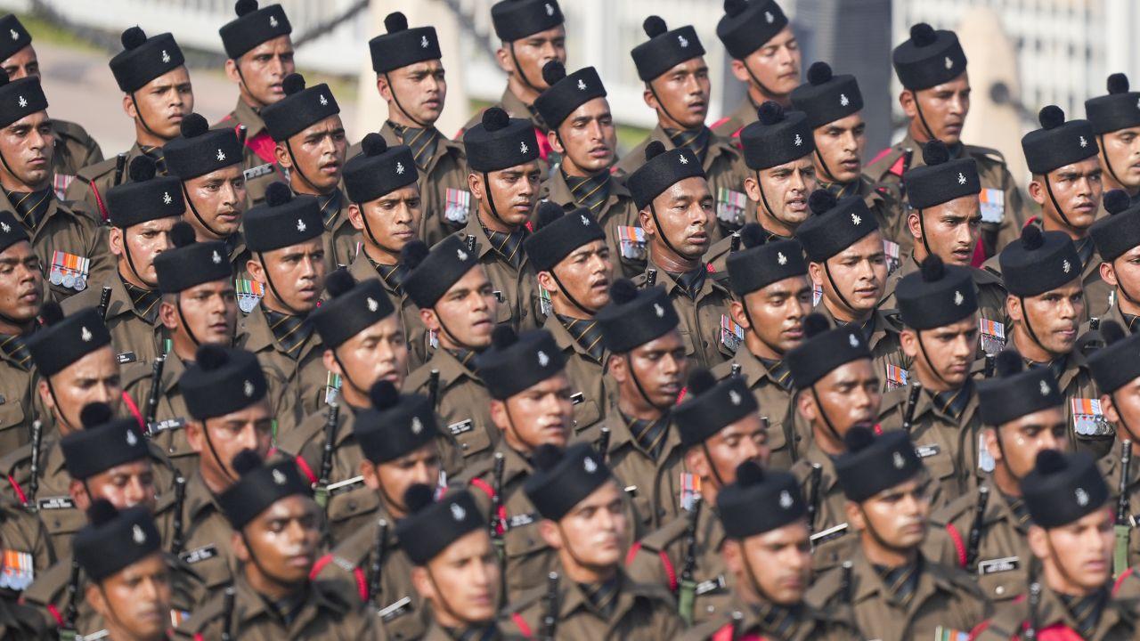 Garhwal Rifles marching regiment during the full dress rehearsal. The regiment was established on May 4, 1887, during the British colonial period, was initially raised from the indomitable men of the Garhwal region, renowned for their physical endurance and martial skills