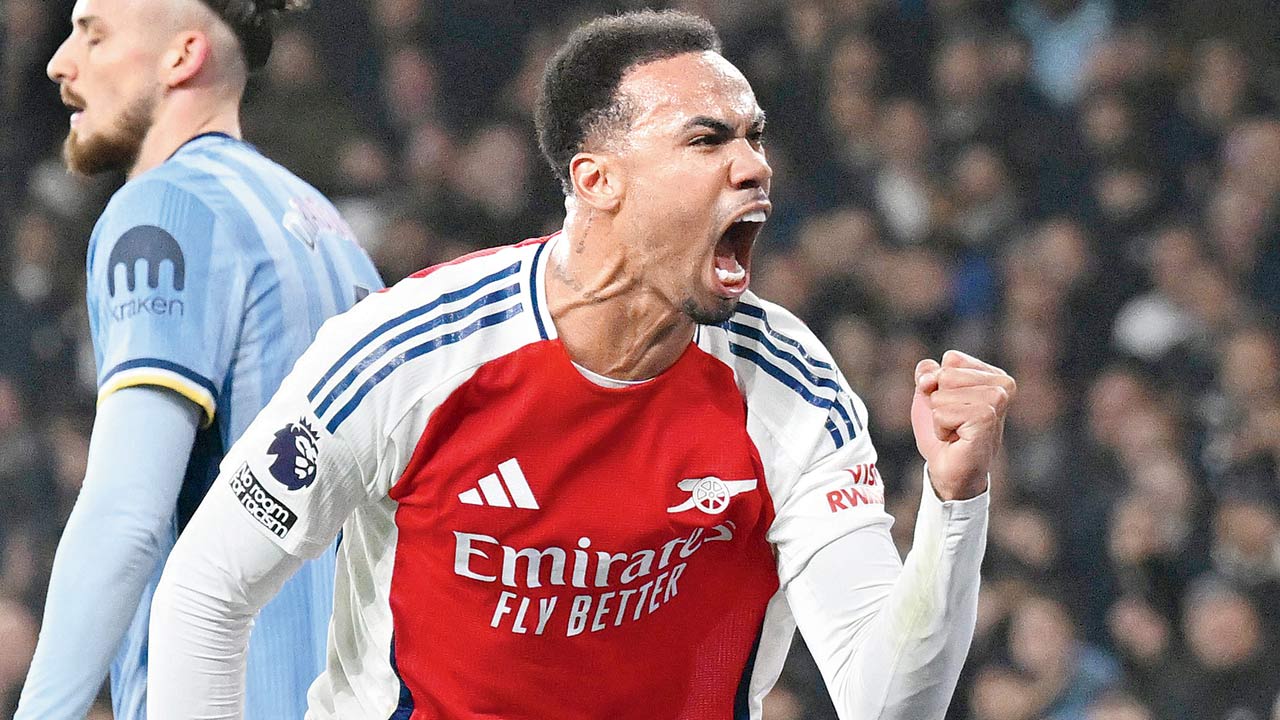 Arsenal defender Gabriel celebrates the equaliser against Tottenham Hotspur yesterday. Pic/Getty Images
