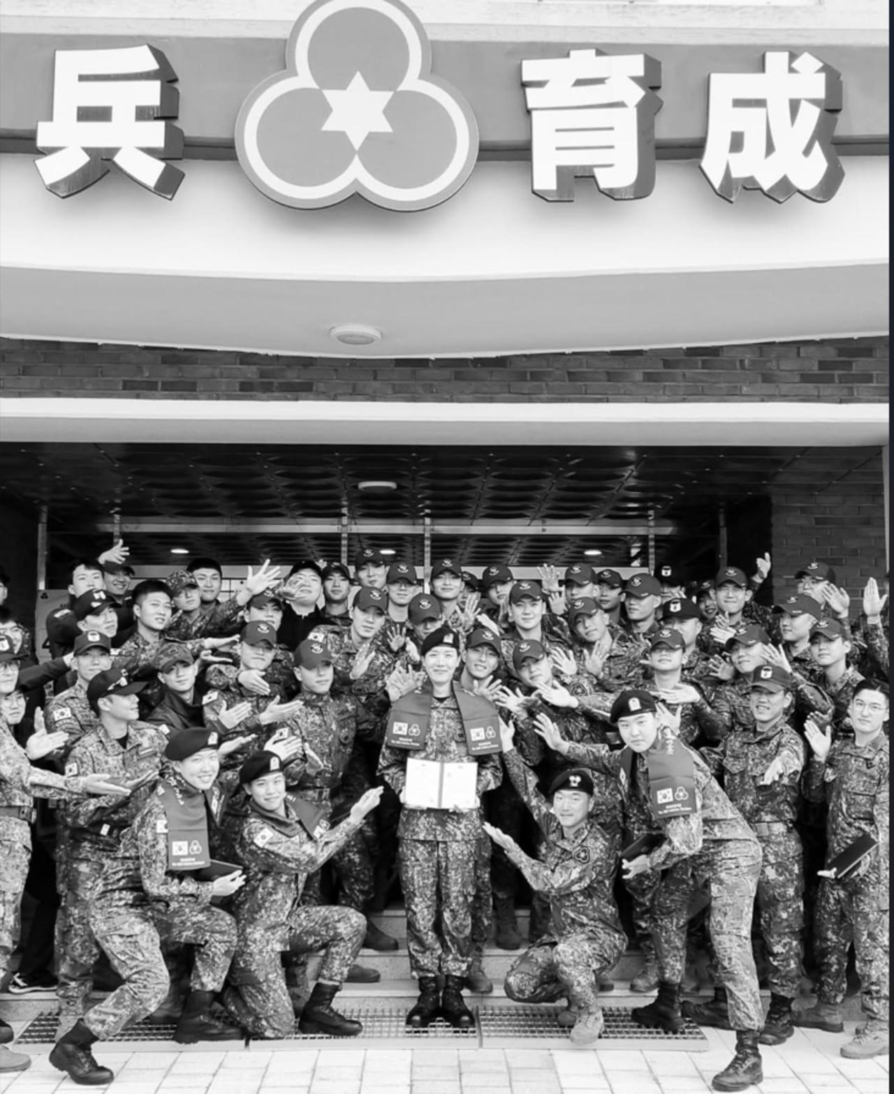 The BTS singer also shared a photo from his military service where he can be seen with a bunch of other soldiers.