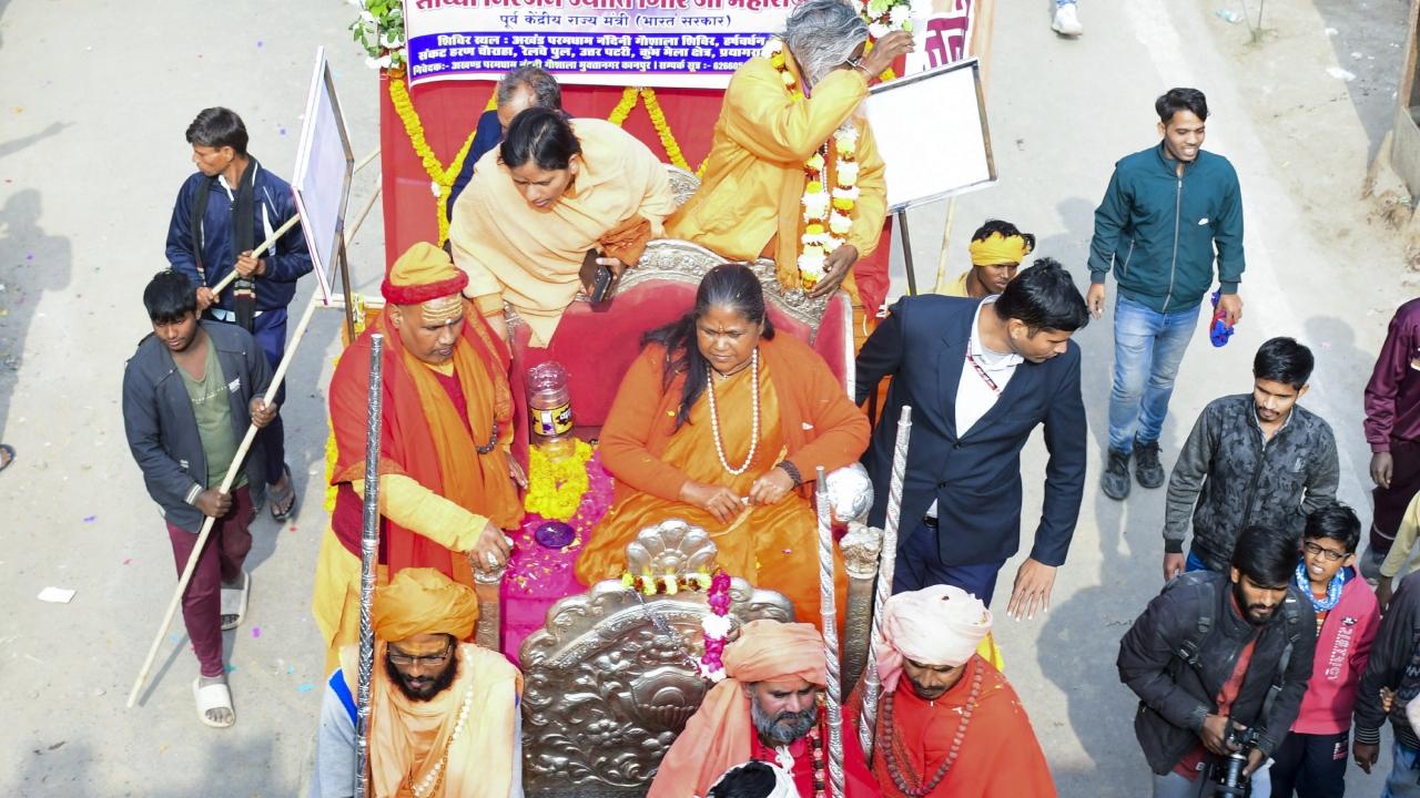 Sadhvi Niranjan Jyoti during a procession of ‘Shri Niranjani Akhara’ towards Sangam ahead of Mahakumbh Mela 2025 in Prayagraj on Saturday