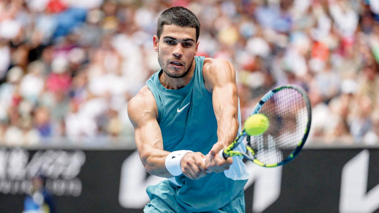 Carlos Alcaraz during his win over Yoshihito Nishioka yesterday 