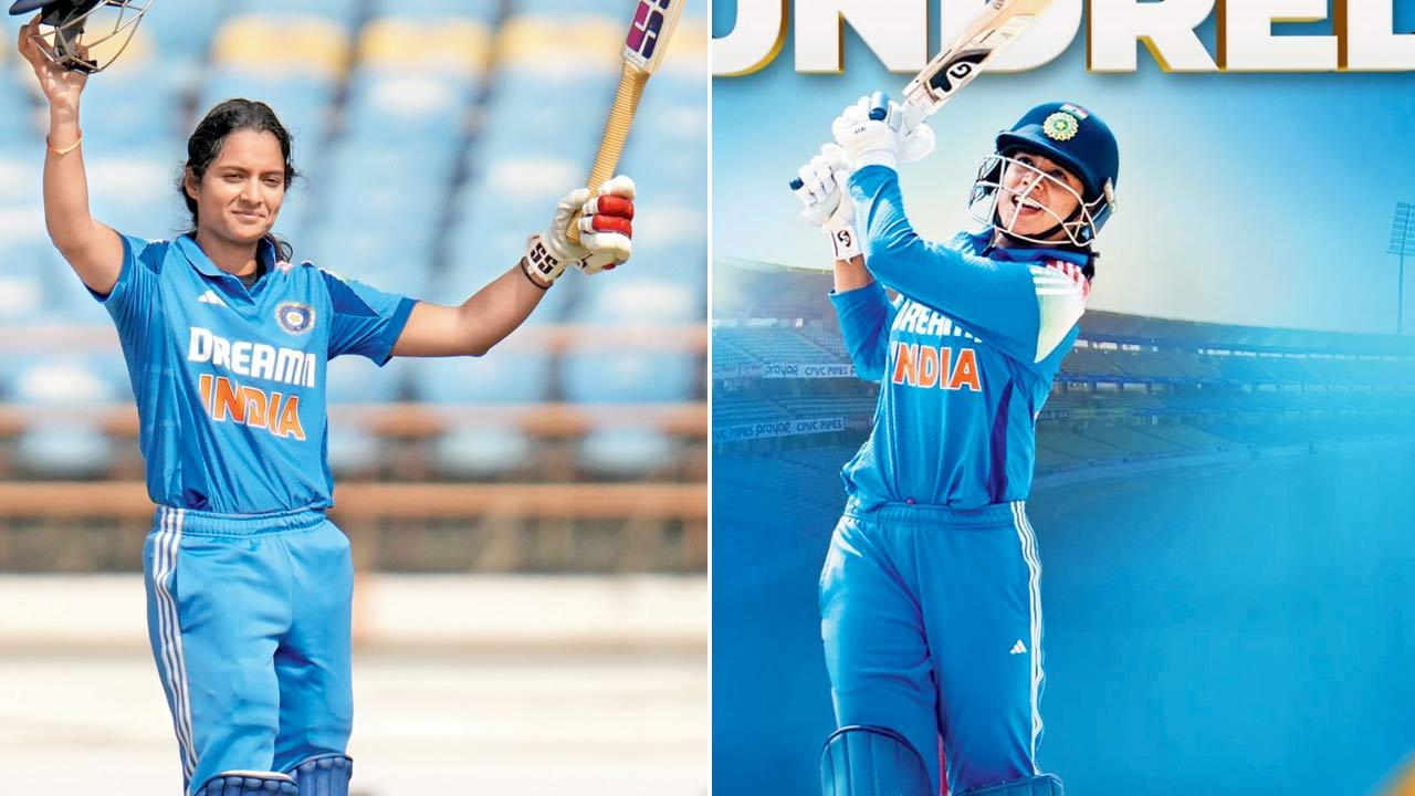 Pratika Rawal celebrates her century in Rajkot yesterday. She scored 154; (right) → Smriti Mandhana en route her 135 yesterday. Pics/BCCI