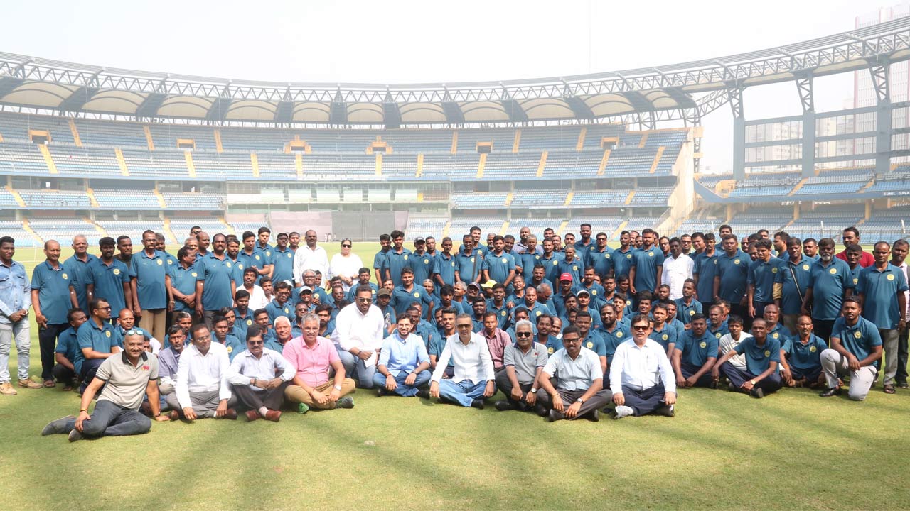 Groundsmen with MCA officials and Aaditya Thackeray, member of the Maharashtra assembly