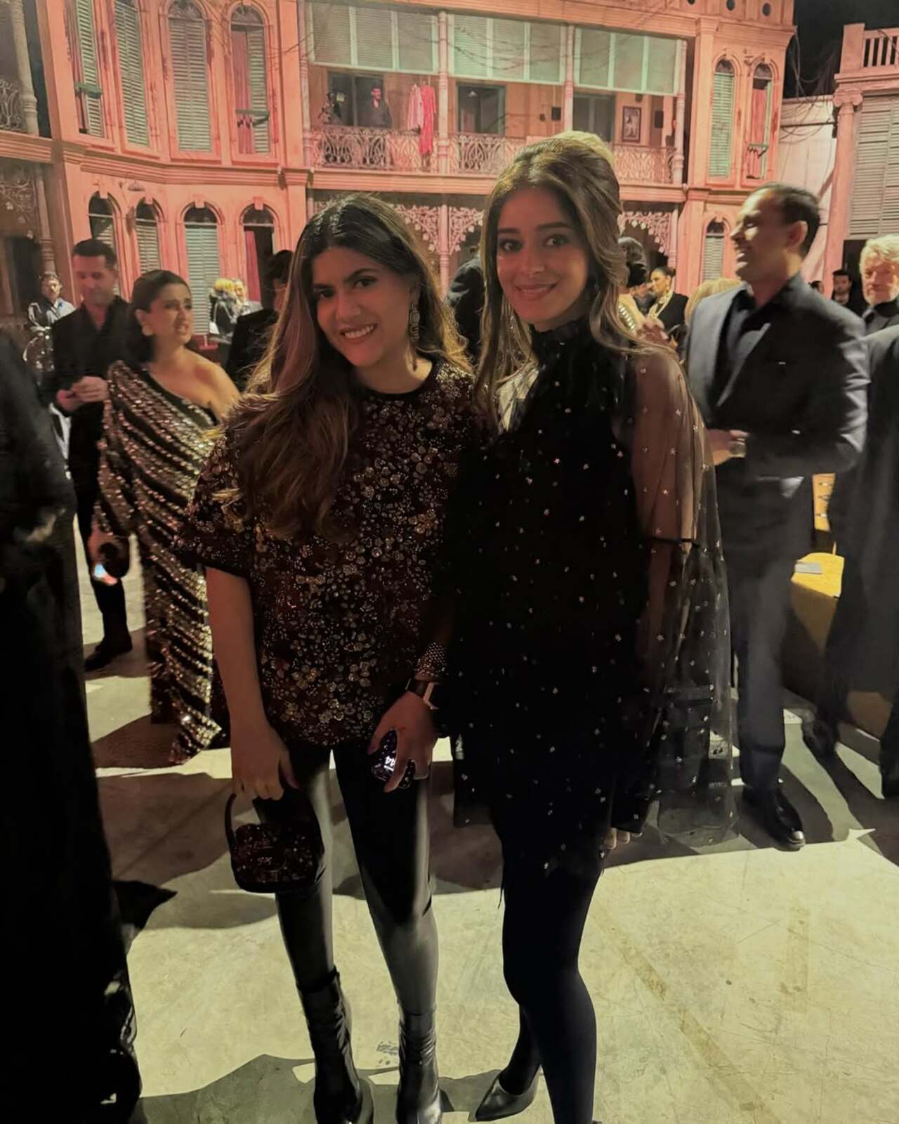 Ananya also posed alongside actor Ananya Panday, who exuded vintage vibes in a sheer polka dot outfit. 