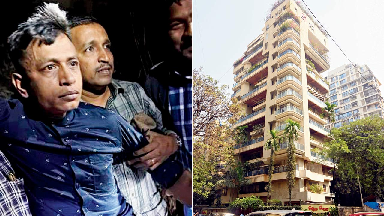 The arrested accused, whose fingerprints are reportedly  different from those found at the crime scene; (right) The building that houses Saif Ali Khan’s residence. Pic/Satej Shinde