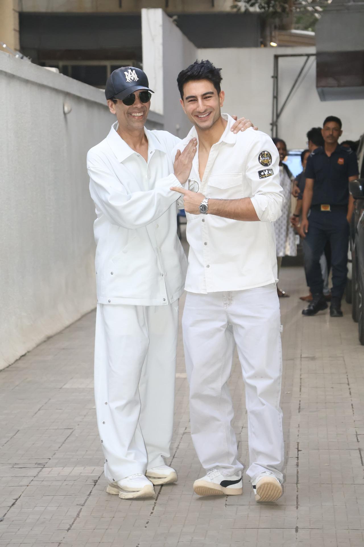 Ibrahim Ali Khan and Karan Johar were seen twinning in white today as they got spotted in the city