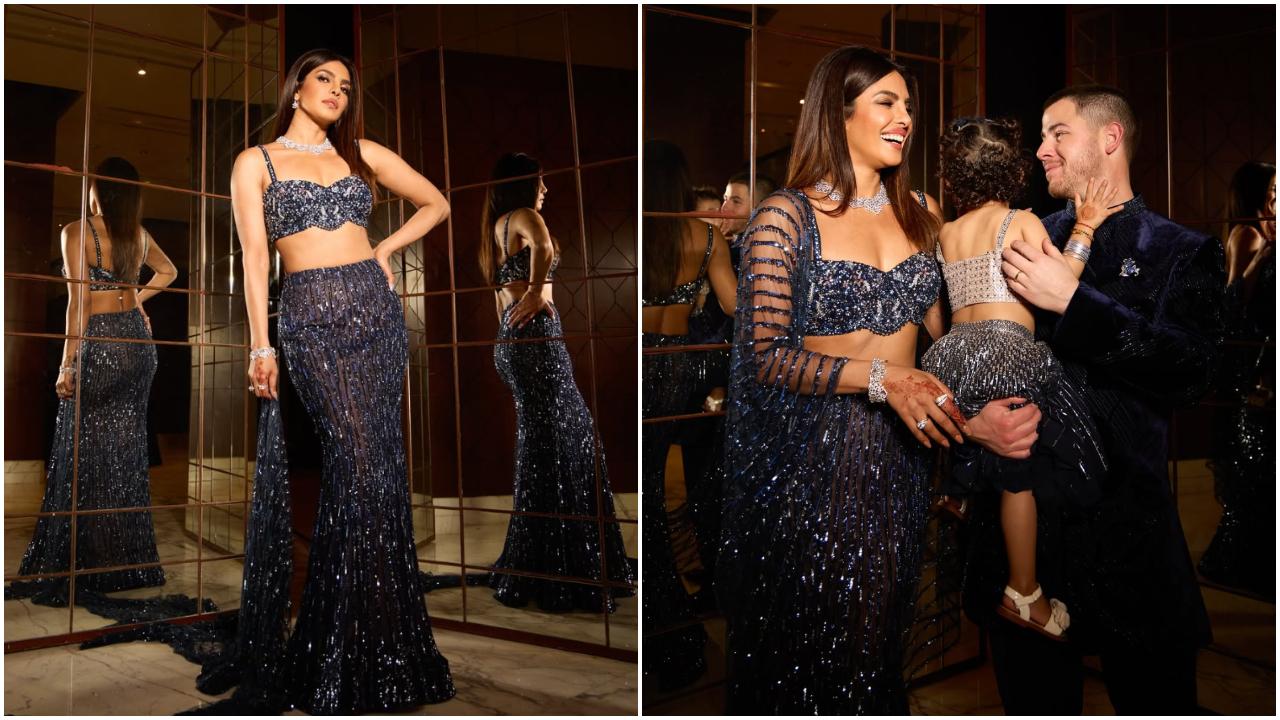 Recently at her brother's wedding, the 'Desi Girl' aced her desi style with a series of exquisite outfits. For the sangeet night, she opted for a blue lehenga by Falguni Shane Peacock. The outfit, adorned with crystals, sequins and beads, was complemented with statement jewellery
