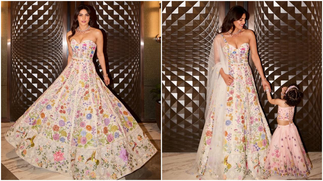 For the mehendi ceremony, Priyanka opted for a vibrant floral embroidered gown by Rahul Mishra. Malti Marie twinned with her mom in a floral outfit