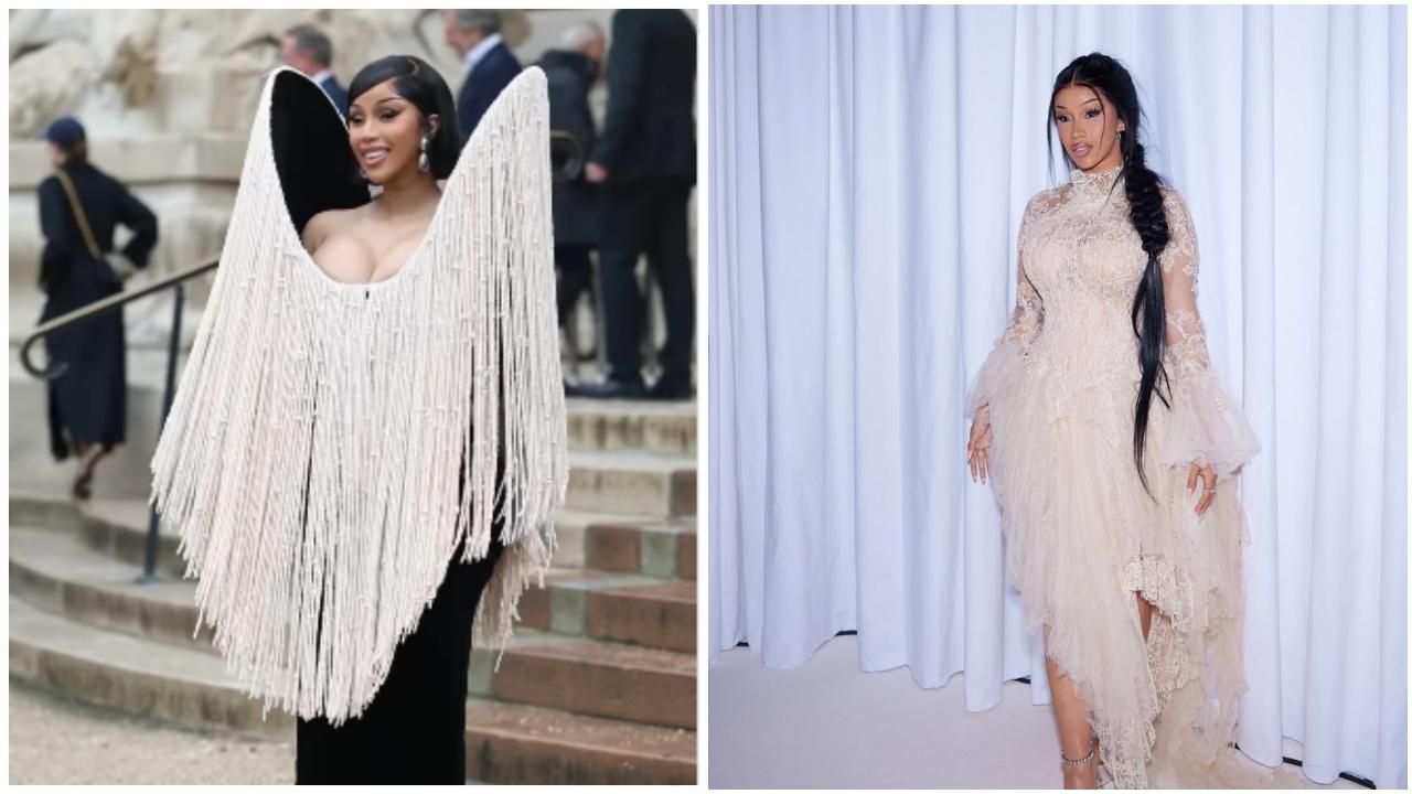 Cardi B in Schiaparelli (L) and Ashi Studio (R) creations at Paris Haute Couture Week (Pics: Instagram/Cardi B)
Cardi B steals the show
New York rapper Cardi B had a busy week in Paris and seemed intent on out-couturing many of the models. She appeared at the opening show of the week at Schiaparelli in a tasselled neckpiece. She also made an appearance in a Rahul Mishra ensemble on the same day. The next day, she turned heads at Stephane Rolland, with a sculptural black headpiece. On Wednesday, she was front row at Balenciaga