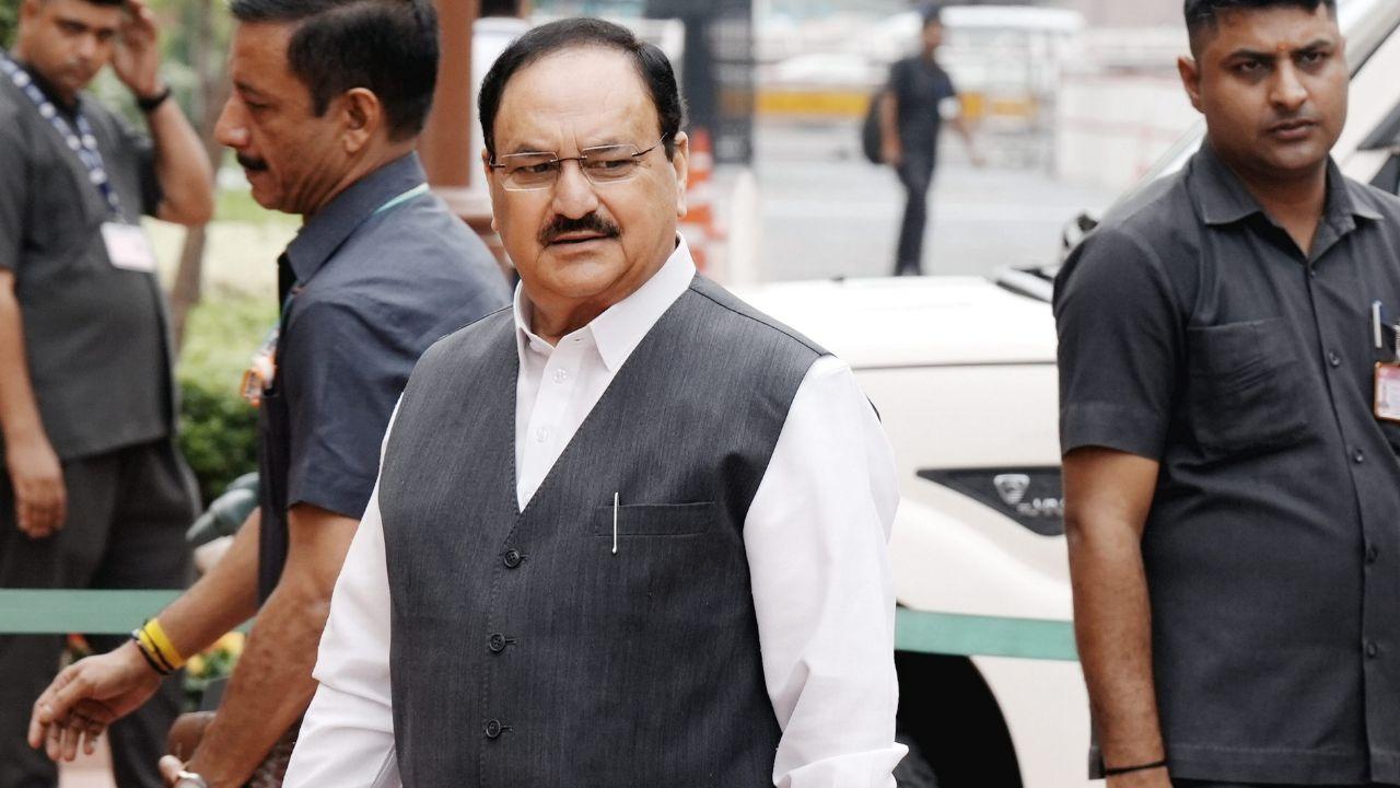 Union Minister JP Nadda arrives on the first day of the Monsoon Session of Parliament in New Delhi.