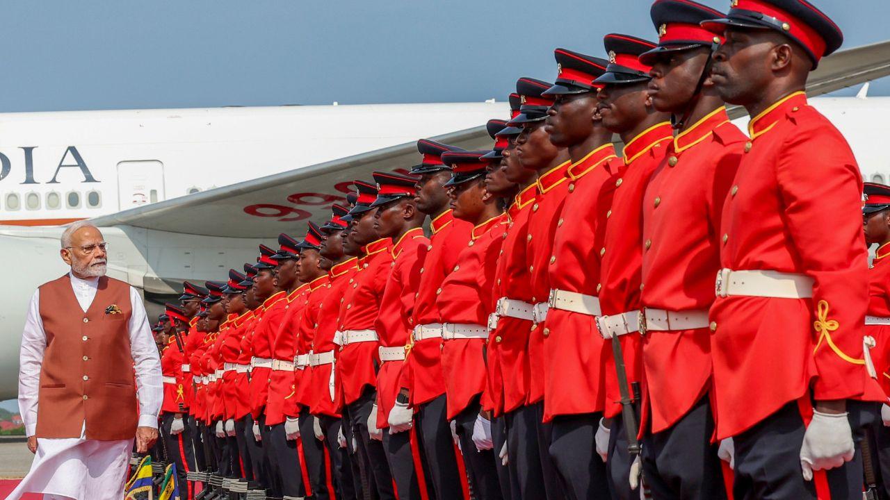 PM Modi, who is visiting Ghana at the invitation of President Mahama, was greeted with a grand ceremonial welcome that included a Guard of Honour and a resounding 21-gun salute.