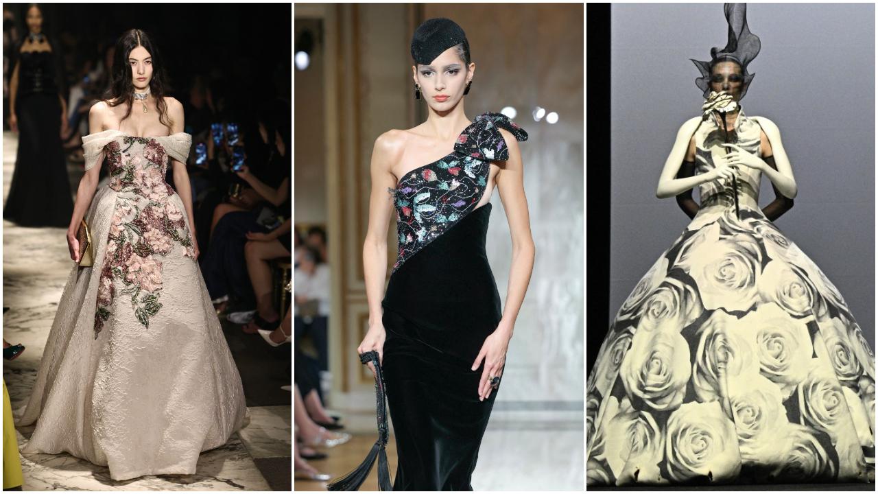 Models present creations by Elie Saab (L), Armani Prive (C), Robert Wun (R)
Giambattista Valli adorned airy gowns with oversized fabric roses, Elie Saab featured them on princess-style dresses, while Armani Prive used pearl-embroidered roses. Balenciaga incorporated rose sequin prints into a skirt suit and Robert Wun showcased black-and-white roses on a structured strapless crinoline dress