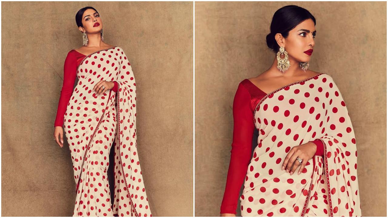 In this throwback picture posted by the actor on Instagram a few years back, she looks elegant in a red and white polka dots saree, paired with a red full-sleeved blouse