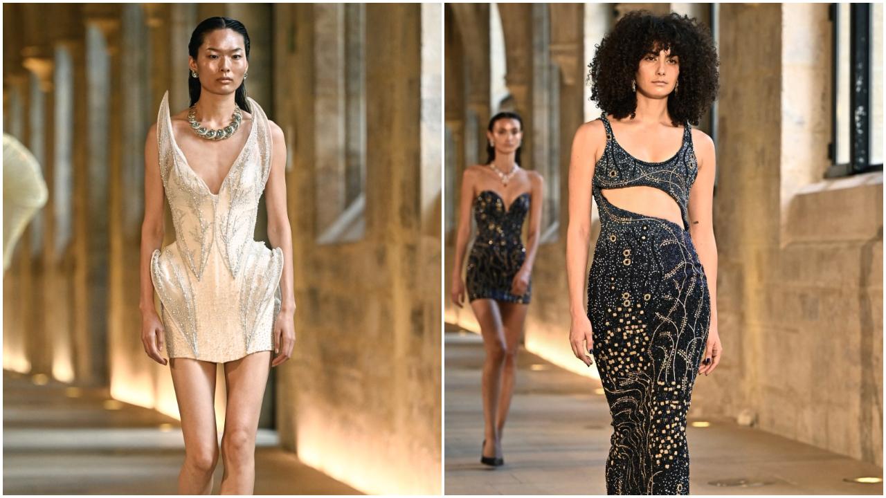 Models present creations by Rahul Mishra
Rahul Mishra shines
Rahul Mishra, the only Indian designer at this edition of the fashion extravaganza, made an impact with his collection 'Becoming Love', which embodied the evolution of love through seven stages