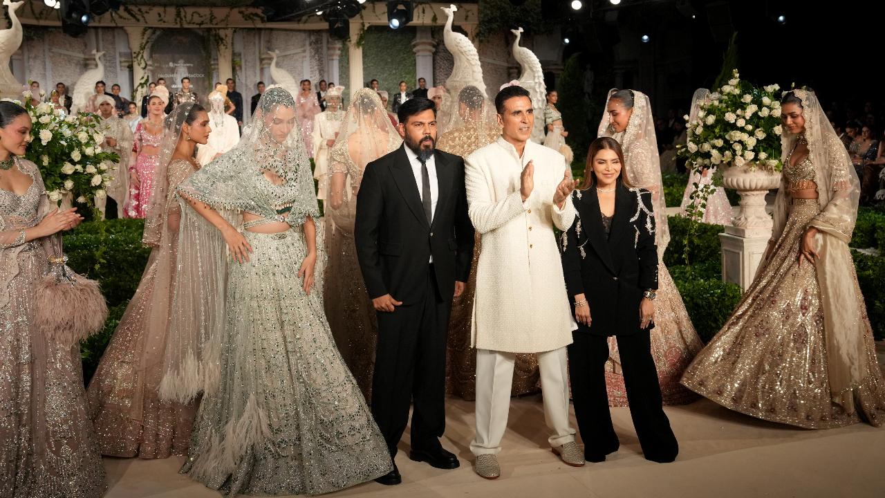 Designer duo Falguni and Shane Peacock also unveiled their collection on the third day of India Couture Week 2025. Inspired by cultural sites like the Lakshmi Vilas Palace in Vadodra and the City Palace in Jaipur, the collection featured elements drawn from the opulent world of maharajas and maharanis. Bollywood star Akshay Kumar turned showstopper for Falguni Shane Peacock, walking the ramp in an ivory achkan-style sherwani.