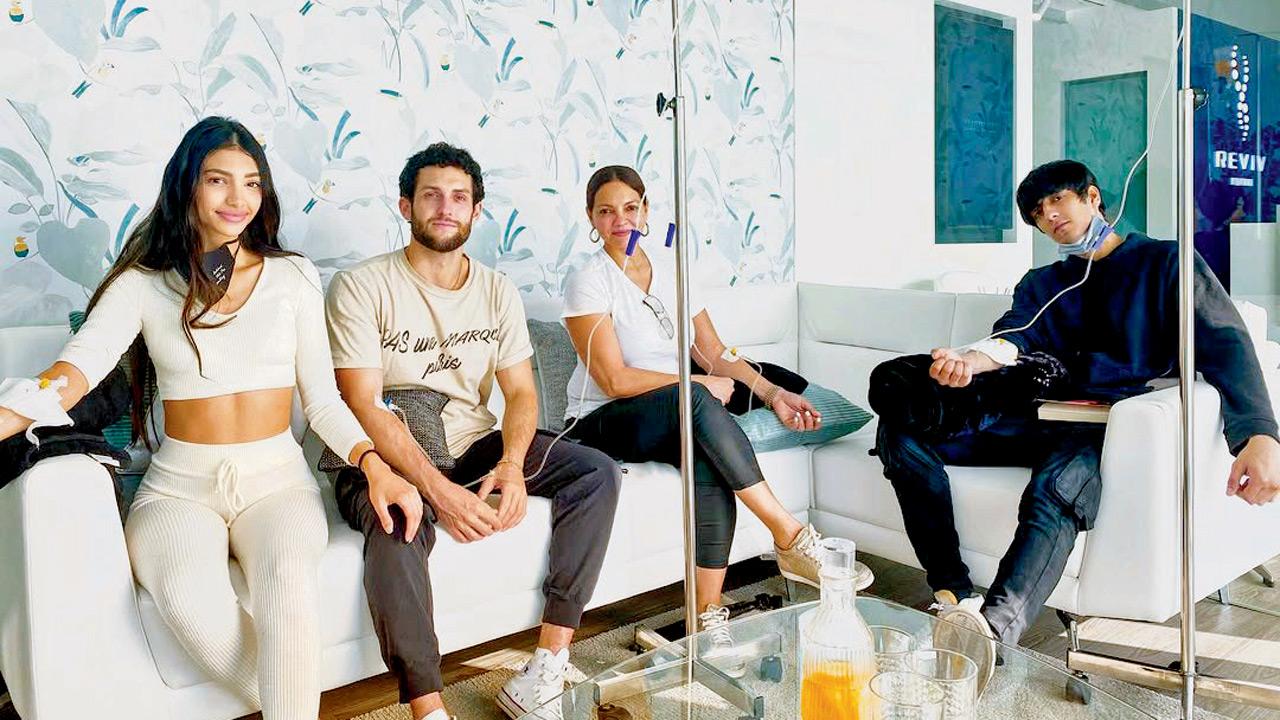 Digital creator Alanna Panday, her husband Ivor McGray, mother Deanne Panday and brother Ahaan undergo restorative IV treatment at the REVIV centre in Worli. PIC/INSTAGRAM@revivindia