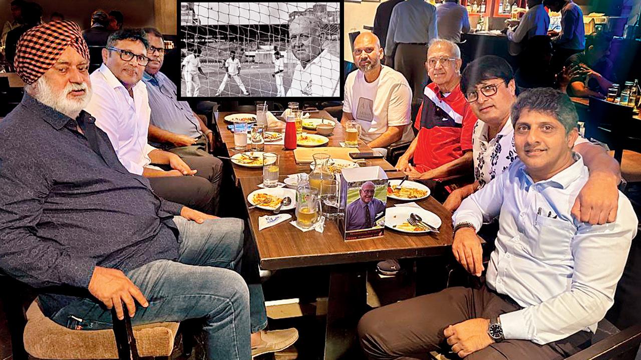 Ex-Mumbai all-rounder Amit Dani (centre), former India pacers Balvinder Singh Sandhu and Abey Kuruvilla, mid-day’s deputy editor Clayton Murzello, Paras Mhambrey, India fast bowler, who was the national team’s bowling coach until last year, cricket consultant Dr Makarand Waingankar and Salil Ankola, who made his Test debut alongside Sachin Tendulkar in 1989, at MIG Cricket Club, Bandra on Monday. PIC/Special arrangement; (in black and white) Frank Tyson