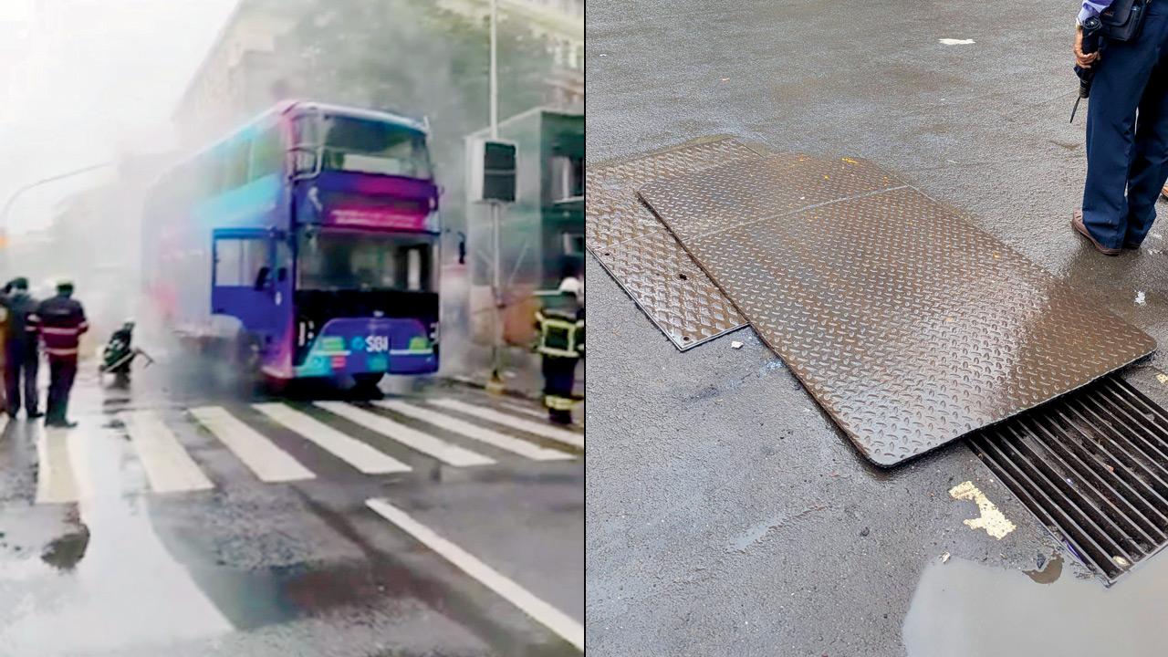Loose manhole cover sparks fire in double-decker e-bus near Siddharth College