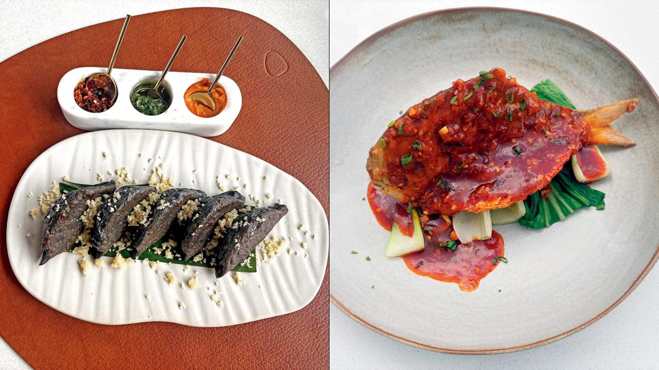 Black Gold Pan-Fried Gyoza and Whole Stir-Fried Pomfret 