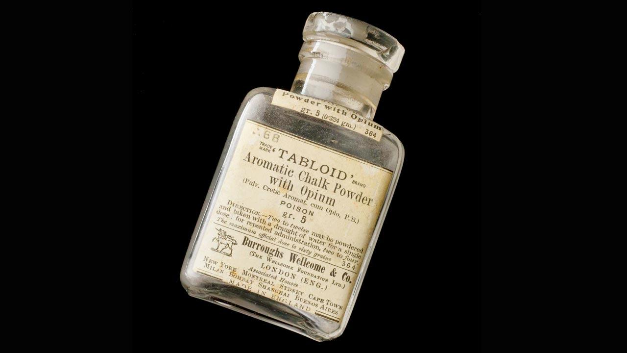 An empty bottle of aromatic chalk powder with opium manufactured by Burroughs Wellcome & Co, where the label reveals directions on how to administer a dose. Pic Courtesy/Science Museum Group; Wikimedia Commons