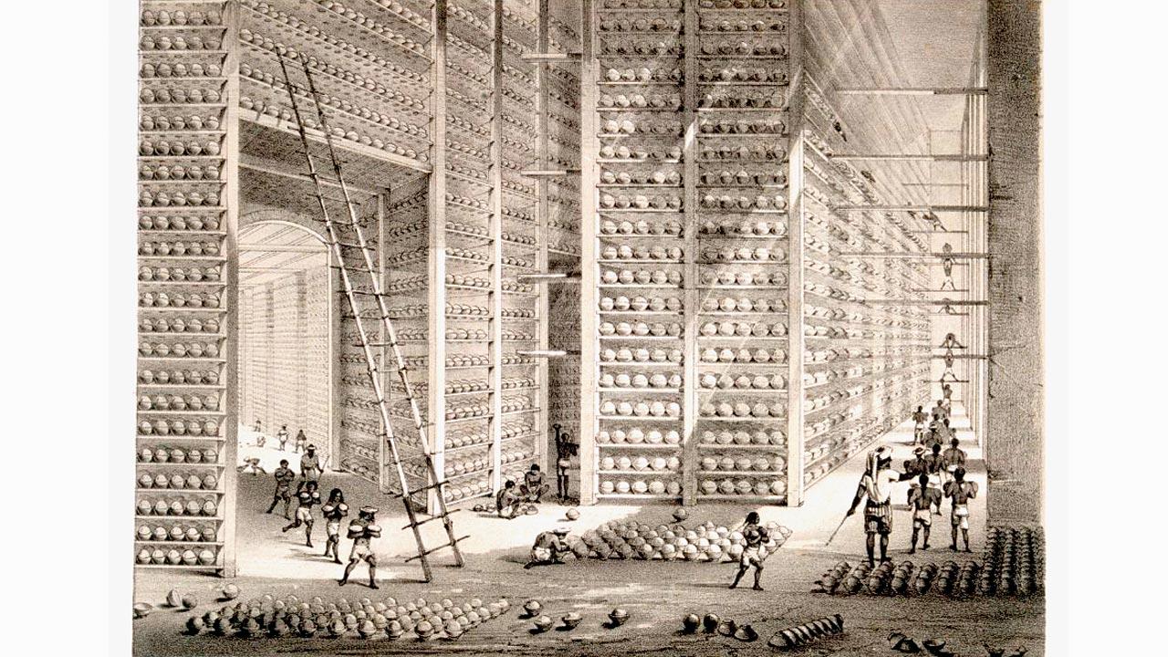 A dated lithograph by WS Shergill showing the Stacking Room inside an Opium Factory in Patna