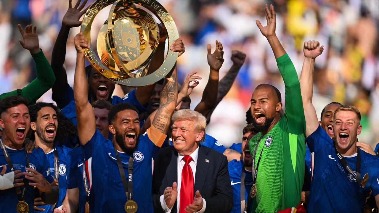 The president waved to the crowd and pumped his fist as he and his entourage arrived at the stadium luxury box, where they took in the match with FIFA President Gianni Infantino and his wife, Leena Al Ashqar