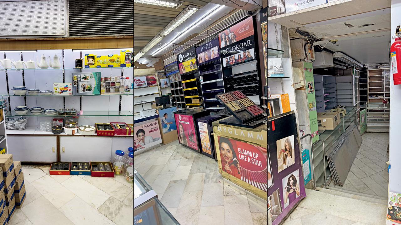 (Left to right) Empty shelves in the cutlery section of the store; it’s a wrap for individual sections inside the store; view of the non-functional chemist counter inside. PICS/CLAYTON MURZELLO