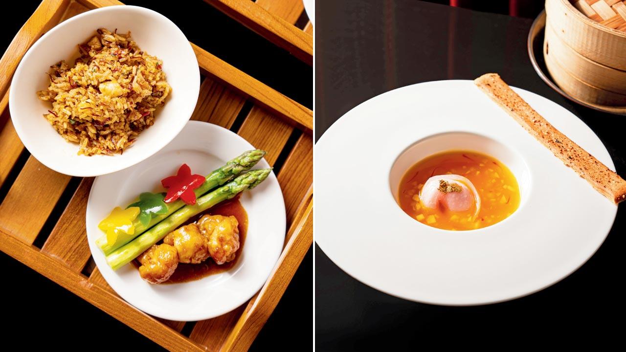 Imperial Seafood truffle and XO butter rice; (right) Emperor’s saffron broth