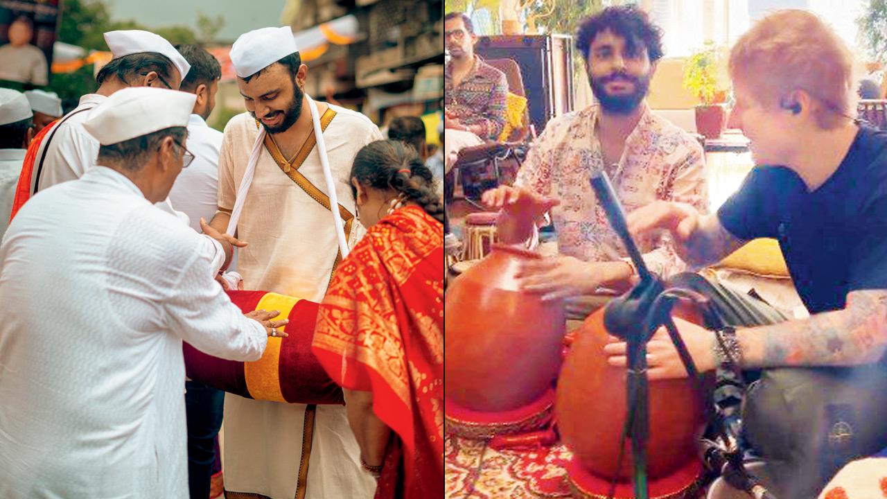 (From left) Ganesh Murali Iyer (centre) at the Waari; Iyer plays the ghatam with Ed Sheeran. Pic Courtesy/Jyotiraditya Patil; Instagram
