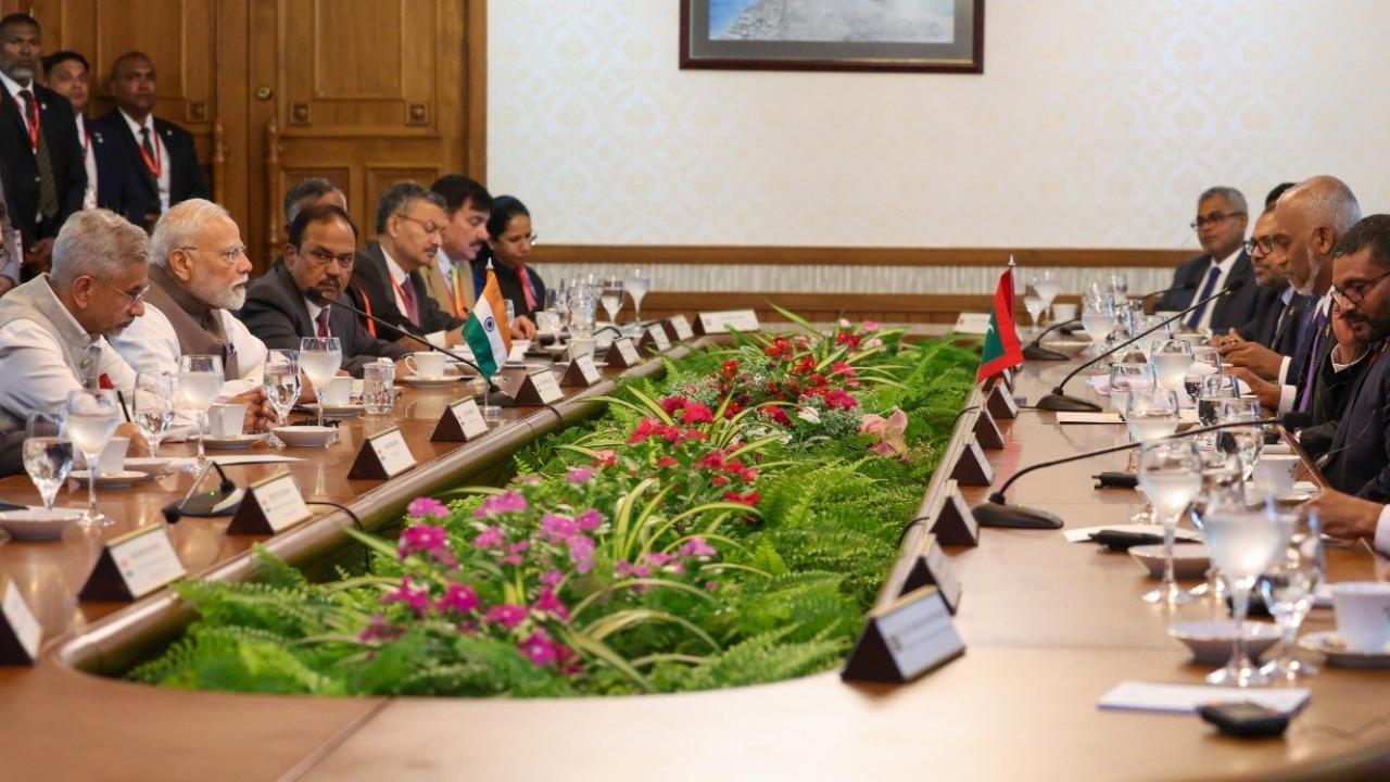 PM Modi, who is on a two-day visit to Maldives, met President Muizzu at the President's Office in Male.