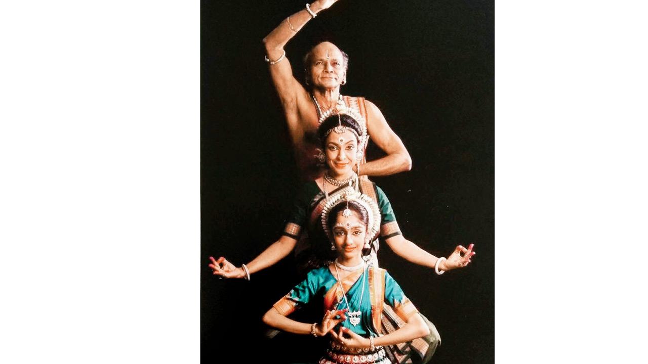 A dated photograph featuring (from top) Kelucharan Mohapatra, Madhavi and Arushi Mudgal