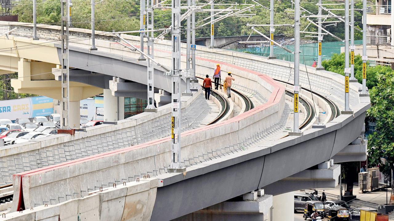 Work underway at Kashigaon station on Metro Line 9. The line will connect Dahisar East to Mira Bhayandar. Pic/Satej Shinde