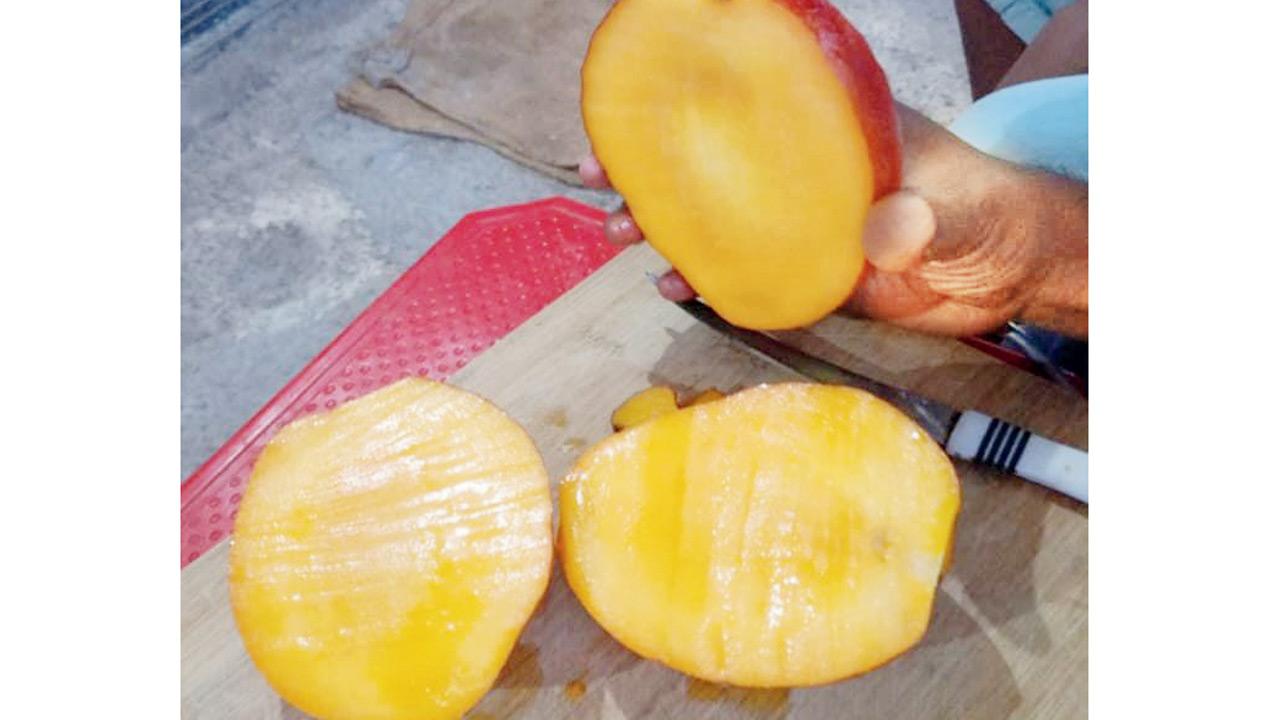 A cut-open Miyazaki mango