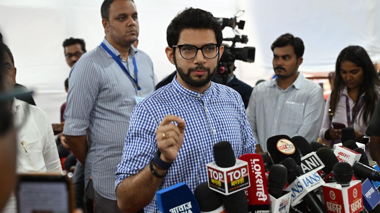 Shiv Sena (UBT) MLA Aaditya Thackeray speaks to media at Vidhan Bhavan, Mumbai, as the monsoon session continues