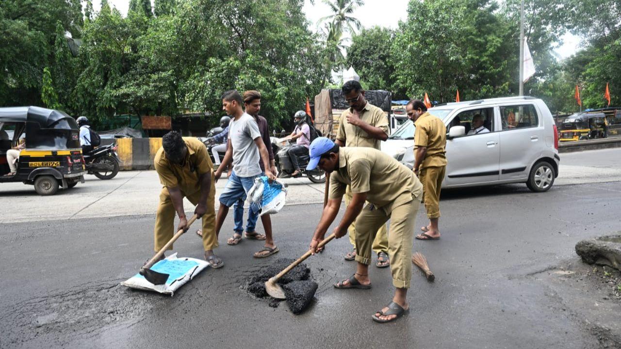 On Wednesday, the civic body undertook the pothole-filling work on a crucial stretch at Borivali