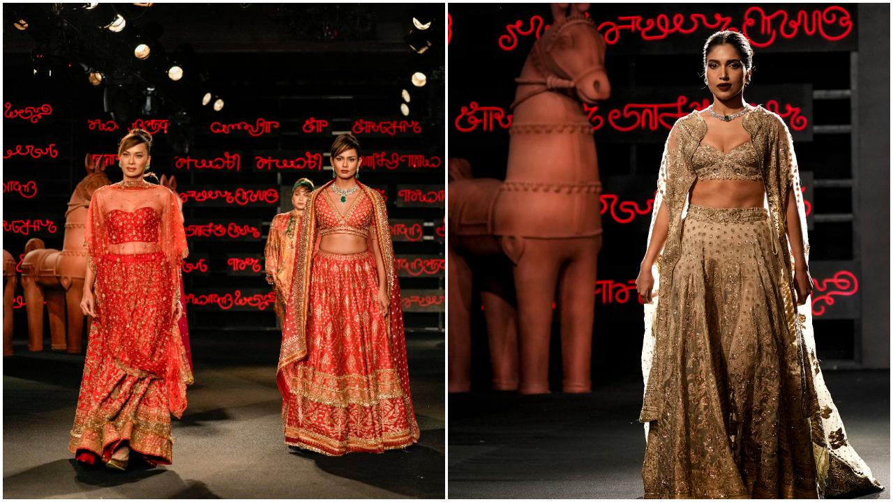 On the fifth day, veteran designer Ritu Kumar unveiled her collection titled ‘Threads of Time: Reimagined’, which included bridal wear and Indian ensembles alongside fusion outfits. The models dazzled in outfits featuring signature gold embroidery. Bhumi Pednekar turned showstopper for the designer, shining in a golden lehenga. The dupatta was replaced with a long cape that trailed behind.