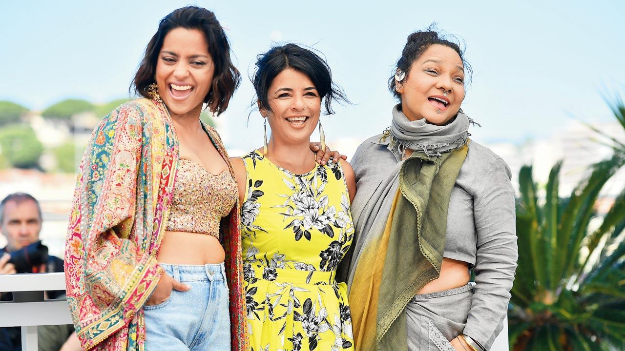 Director Sandhya Suri (C) with the lead actors at Cannes 2024 where Santosh premièred