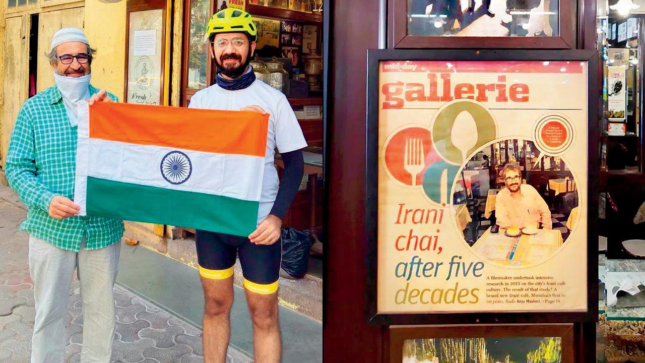 Dr Mansoor Showghi Yezdi (left) holds up the Indian flag alongside Vijay Malhotra; a photograph of Yezdi with late Ratan Tata is displayed above the clipping of a mid-day article at the café. PICS COURTESY/VIJAY MALHOTRA