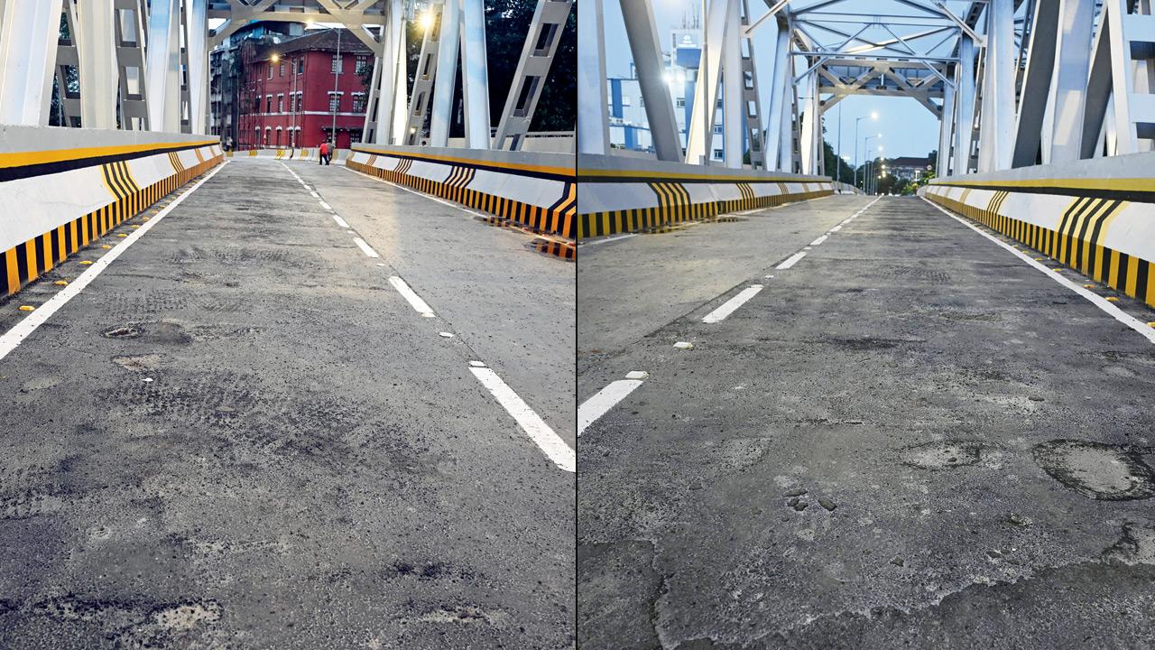 Close-up of patchy mastic finish on Sindoor Bridge; (right) uneven road surfacing visible on Sindoor Bridge a few hours after opening. PICS/ASHISH RAJE